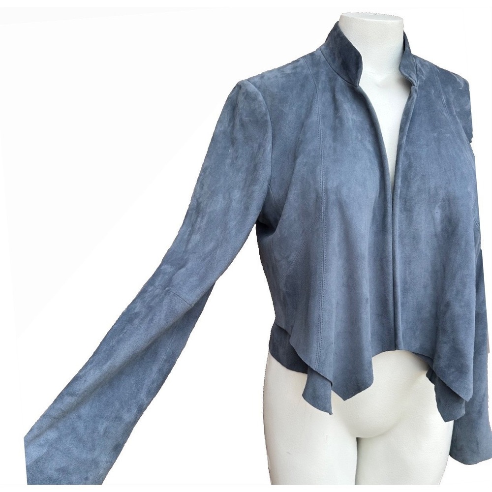 WHBM Suede Hip Jacket L China Blue Open Front Drape Old Money Leather Style Chic